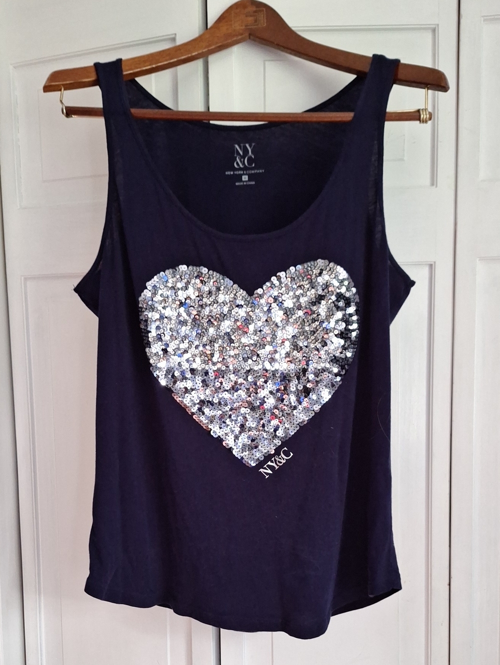 New York & Company Navy Tank with Silver Sequin Heart